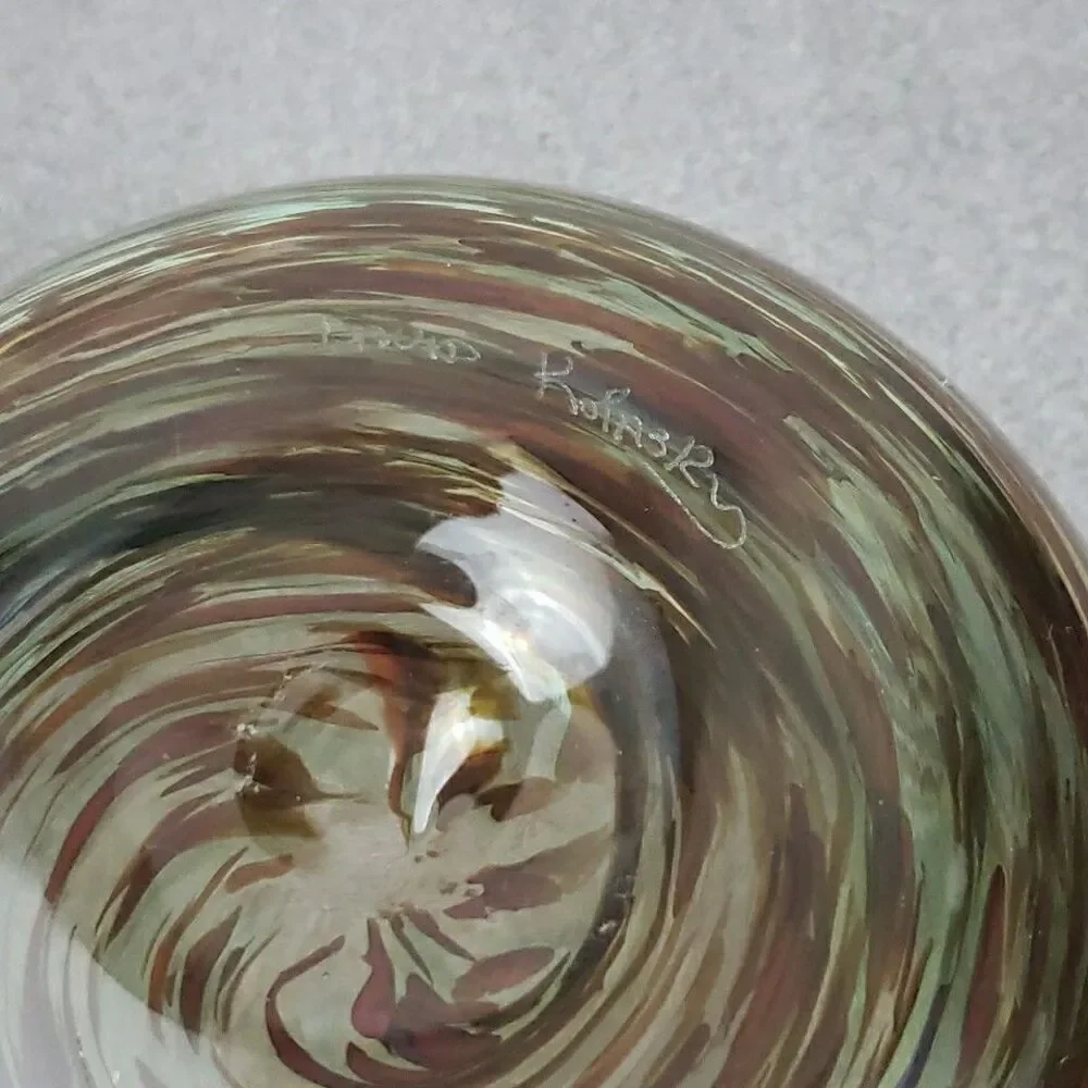 David Kolasky Signed Studio Blown Art Glass Vase Brown & Multi Swirls Bowl